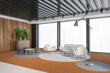 Panoramik oturma odasının köşesinde gri duvarlar, halı döşeli yerler, beyaz kanepe, koltuk ve kahve masaları. 3d oluşturma