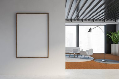 Gri duvarlı, halılı, beyaz koltuklu, koltuklu ve kahve masalı panoramik oturma odasının içi. Posteri düzenle. 3d oluşturma