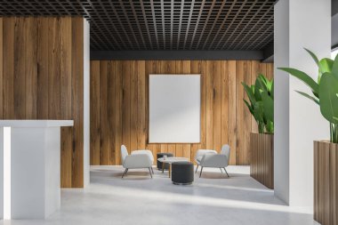 Beyaz ve ahşap duvarları, beton zemini ve beyaz koltukları olan şık ofis bekleme odasının içinde. Dikey maket posteri. 3d oluşturma