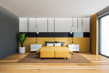Beyaz, gri ve sarı duvarları, ahşap zemini ve rahat kral yatağı olan modern yatak odasının içi. 3d oluşturma