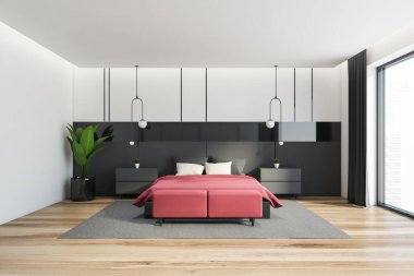 Beyaz ve siyah duvarları, tahta zemini ve rahat kral yatağı olan modern yatak odasının içi. 3d oluşturma