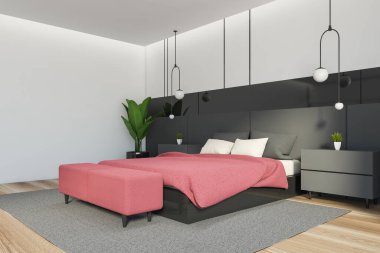 Modern yatak odasının köşesinde beyaz ve siyah duvarlar, ahşap zemin ve rahat kral yatağı var. 3d oluşturma