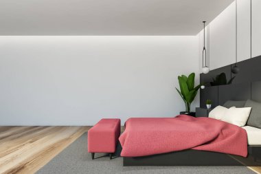 Beyaz ve siyah duvarlı, ahşap zemin ve rahat kral yatağı olan modern yatak odası. 3d oluşturma