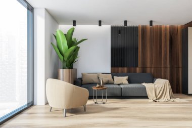 Beyaz ve ahşap duvarları, ahşap zemini, gri kanepesi ve bej koltuğu olan şık bir oturma odası. 3d oluşturma