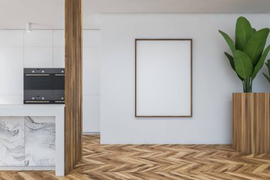 Modern mutfak, beyaz mermer duvarlar, ahşap zemin, bar ve iki fırın. Dikey maket posteri. 3d oluşturma
