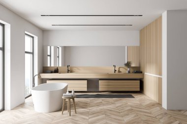 Modern banyo, beyaz ve ahşap duvarlar, ahşap zemin, rahat küvet ve uzun aynalı çift lavabo. 3d oluşturma