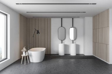Modern banyo, beyaz ve ahşap duvarlar, beton zemin, rahat küvet, çift lavabo ve oval aynalar. 3d oluşturma