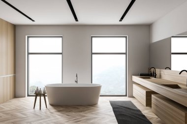 Modern banyo, beyaz ve ahşap duvarlar, ahşap zemin, rahat küvet ve uzun aynalı çift lavabo. 3d oluşturma