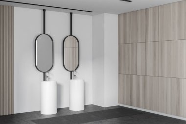 Beyaz ve ahşap duvarlı modern banyonun köşesi, beton zemin, çift lavabo ve oval aynalar. 3d oluşturma