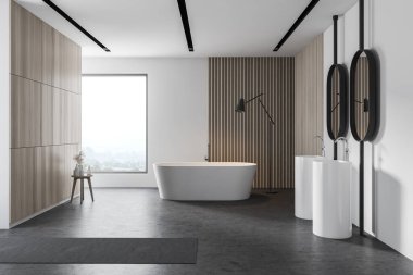 Modern banyo, beyaz ve ahşap duvarlar, beton zemin, rahat küvet, çift lavabo ve oval aynalar. 3d oluşturma