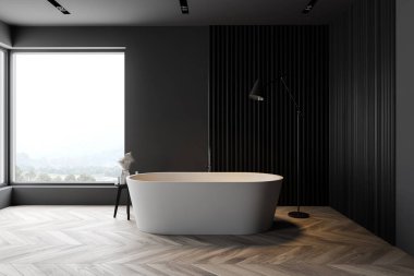 Koyu gri duvarları, ahşap zemini ve rahat küveti olan şık bir banyo. 3d oluşturma