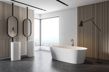 Modern banyonun köşesinde beyaz ve ahşap duvarlar, beton zemin, rahat küvet, çift lavabo ve oval aynalar. Bulanık görüntü. 3d oluşturma