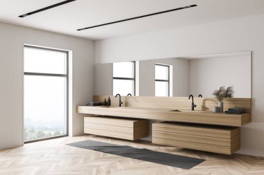 Beyaz ve ahşap duvarları olan modern banyonun köşesi, ahşap zemin ve uzun aynalı çift lavabo. Bulanık görüşlü bir pencere. 3d oluşturma