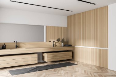 Beyaz ve ahşap duvarları olan modern banyonun köşesi, ahşap zemin ve uzun aynalı çift lavabo. 3d oluşturma