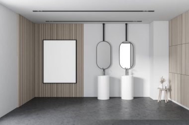 Modern banyo, beyaz ve ahşap duvarlar, beton zemin, çift lavabo ve oval aynalar. Dikey maket posteri. 3d oluşturma