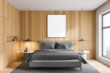 Modern yatak odasının içinde beyaz ve ahşap duvarlar, ahşap zemin, rahat kral yatağı ve sahte posterler var. 3d oluşturma