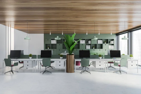 Interior Modern Open Space Office White Green Walls Concrete Floor — Stock Photo, Image