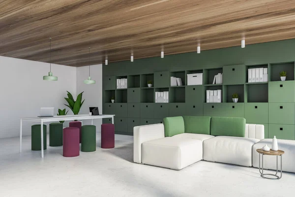Corner of living room with green walls, white floor, comfortable white sofa, table and bookcase. 3d rendering
