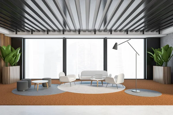Gri duvarlı, halılı, beyaz koltuklu, koltuklu ve kahve masalı panoramik oturma odasının içi. 3d oluşturma