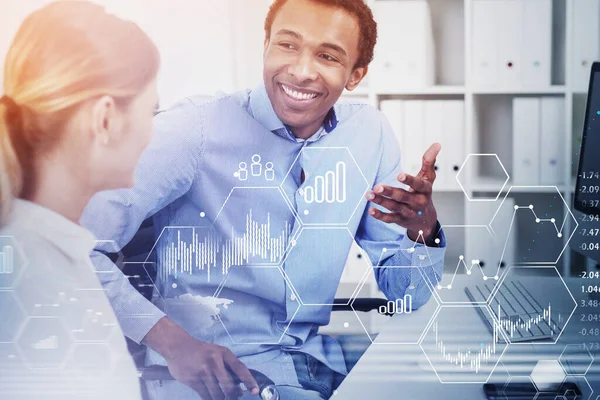 Retrato Hombre Negocios Mujer Negocios Trabajando Juntos Una Oficina Borrosa — Foto de Stock