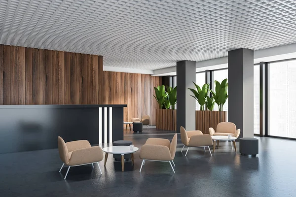 Corner Modern Office Waiting Room Gray Wooden Walls Concrete Floor — Stock Photo, Image