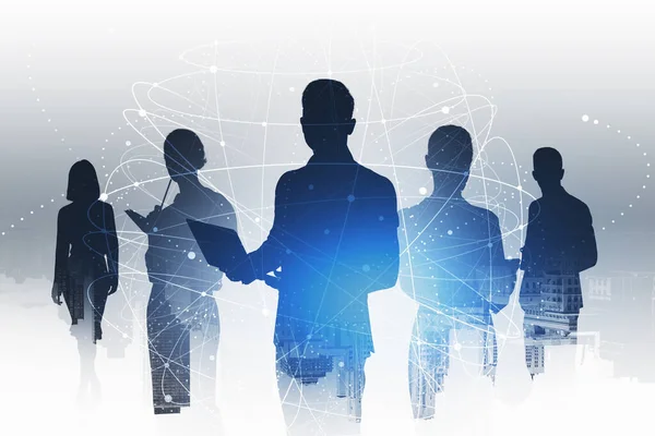 Silhouettes Business People Working Blurry City Double Exposure Network Interface — Stock Photo, Image