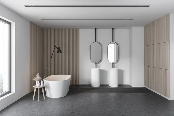 Interior Baño Moderno Con Paredes Blancas Madera Suelo Hormigón Cómoda — Foto de Stock