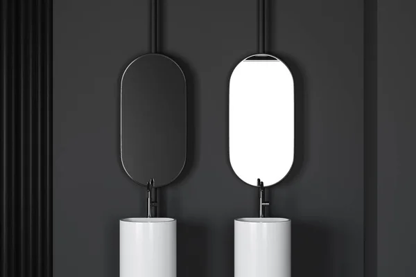 Close Pia Dupla Elegante Banheiro Com Paredes Cinza Escuro Espelhos — Fotografia de Stock