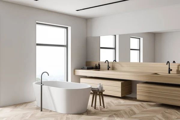 Ecke Des Stilvollen Badezimmers Mit Weißen Und Hölzernen Wänden Holzboden — Stockfoto