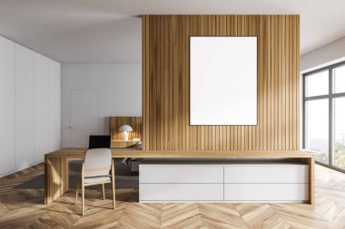 Beyaz ve ahşap duvarları, ahşap zemini, bilgisayar masası ve dikey maket posteri olan modern ofis. 3d oluşturma
