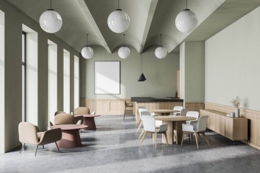 Beyaz duvarları, beton zemini, yuvarlak masaları ve beyaz sandalyeleri olan modern bir restoran. Posteri düzenle. 3d oluşturma