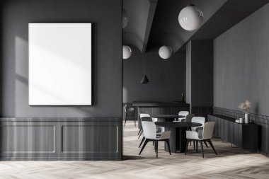 Beyaz duvarları, beton zemini, yuvarlak masaları ve kahverengi koltukları olan modern kantinin içi. Dikey maket posteri. 3d oluşturma