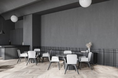 Gri duvarları, ahşap zemini, yuvarlak masaları ve beyaz sandalyeleri olan şık bir kafe köşesi. 3d oluşturma