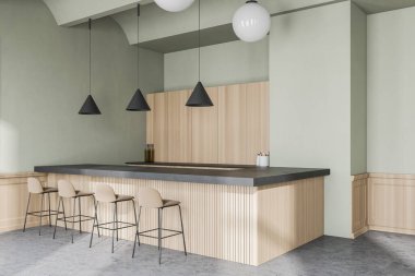 Beyaz duvarları, beton zemini, bar tezgahı ve tabureleri olan modern barın köşesi. 3d oluşturma