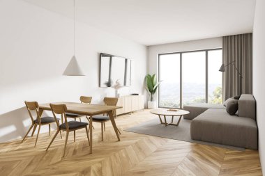 Modern oturma odasının köşesinde beyaz duvarlar, ahşap zemin, bej kanepe ve yemek masası. 3d oluşturma