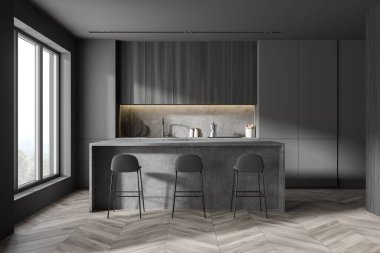 Gri ve ahşap duvarları, ahşap zemini ve tabureli bir barı olan Stylihs 'in mutfağı. 3d oluşturma