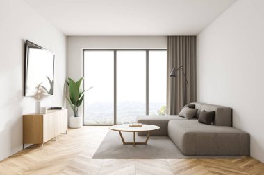 Beyaz duvarları, ahşap zemini, bej kanepesi ve televizyonu olan modern oturma odası. 3d oluşturma