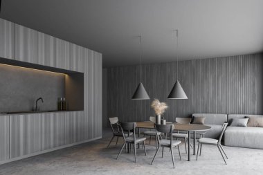 Panoramik oturma odasının köşesinde koyu ahşap duvarlar, beton zemin, gri kanepe, yuvarlak masa ve dolap. 3d oluşturma