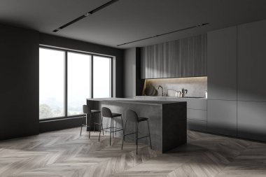 Mutfağın köşesinde gri ve ahşap duvarlar, ahşap zemin ve tabureli bir bar var. 3d oluşturma