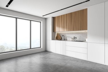 Beyaz ve ahşap duvarları, beton zemini, beyaz ve ahşap dolapları olan modern mutfağın köşesi. 3d oluşturma