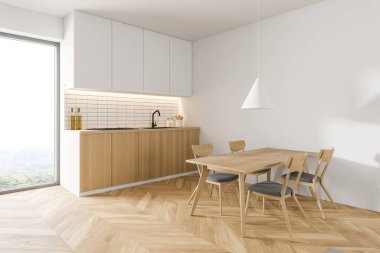 Beyaz duvarları, ahşap zemini, beyaz ve ahşap dolapları ve yemek masası olan modern mutfağın köşesi. 3d oluşturma