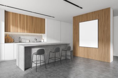 Beyaz ve ahşap duvarlı modern mutfağın köşesi, beton zemin ve tabureli bar. Posteri düzenle. 3d oluşturma