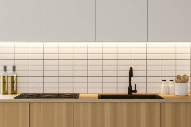 Beyaz duvarları, ahşap zemini, beyaz ve ahşap dolapları olan modern mutfağı kapatın. 3d oluşturma