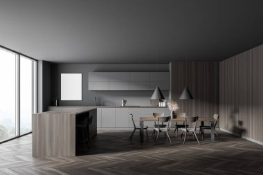 Gri ve ahşap duvarları, ahşap zemini, barı ve yemek masası olan şık bir mutfak. Posteri düzenle. 3d oluşturma