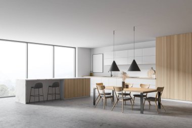 Modern mutfak köşesinde asılı dikey maket posterler beyaz ve ahşap duvarlar, beton zemin, yemek masası ve bar. 3d oluşturma