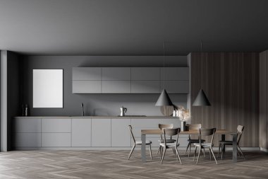 Gri, ahşap duvarları ve yemek masası olan Stylihs 'in mutfağı. Posteri düzenle. 3d oluşturma