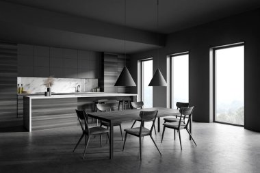 Gri ve ahşap duvarları, beton zemini, bar ve yemek masası olan şık bir mutfağın köşesi. 3d oluşturma