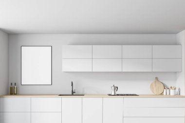Beyaz duvarları, beton zemini, beyaz dolapları olan modern mutfağı kapatın ve poster yapın. 3d oluşturma