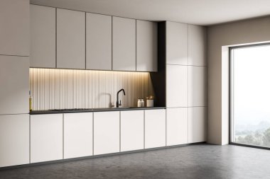 Beyaz duvarları, beton zemini ve beyaz dolapları olan modern mutfağın köşesi. 3d oluşturma