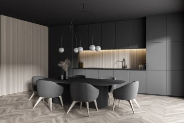 Beyaz duvarlı şık bir mutfak, ahşap zemin, gri dolaplar ve gri sandalyeli yemek masası. 3d oluşturma